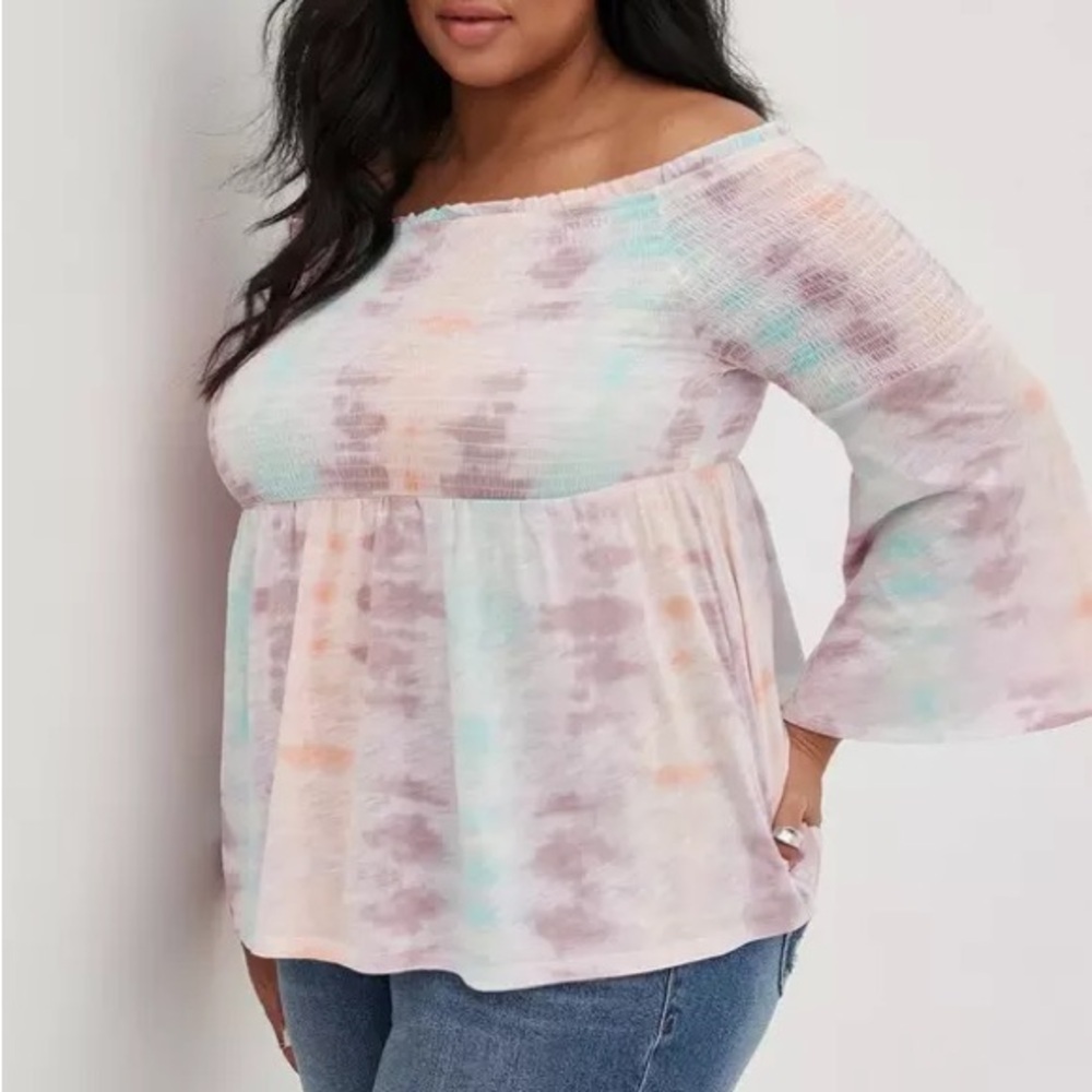 Torrid Women 1X Tie Dye Babydoll Knit Smocked Off-Shoulder Bell Sleeve Top NWT